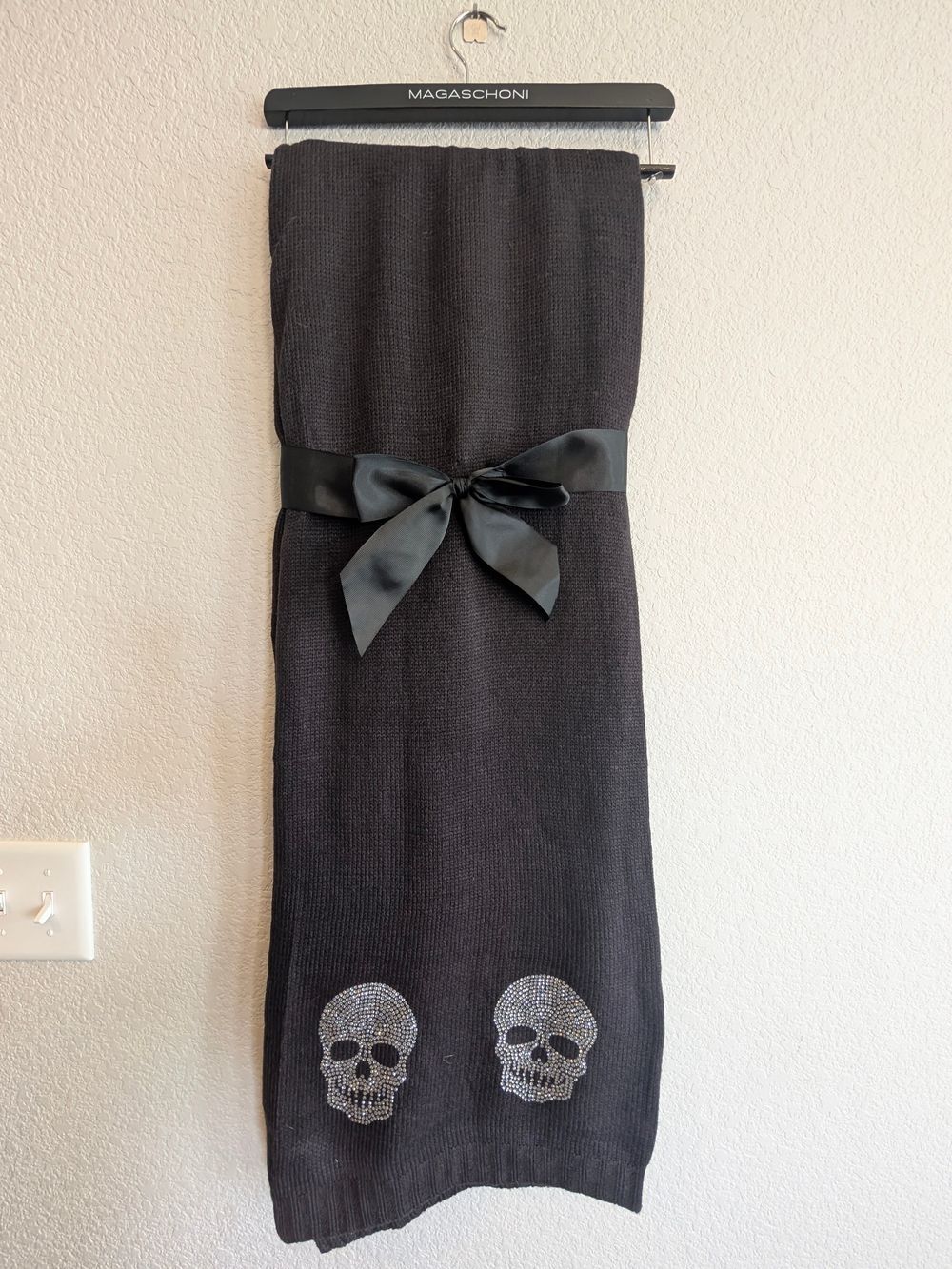New Magaschoni Black Knit Throw Blanket with Satin Bow and Crystal Skull Details
